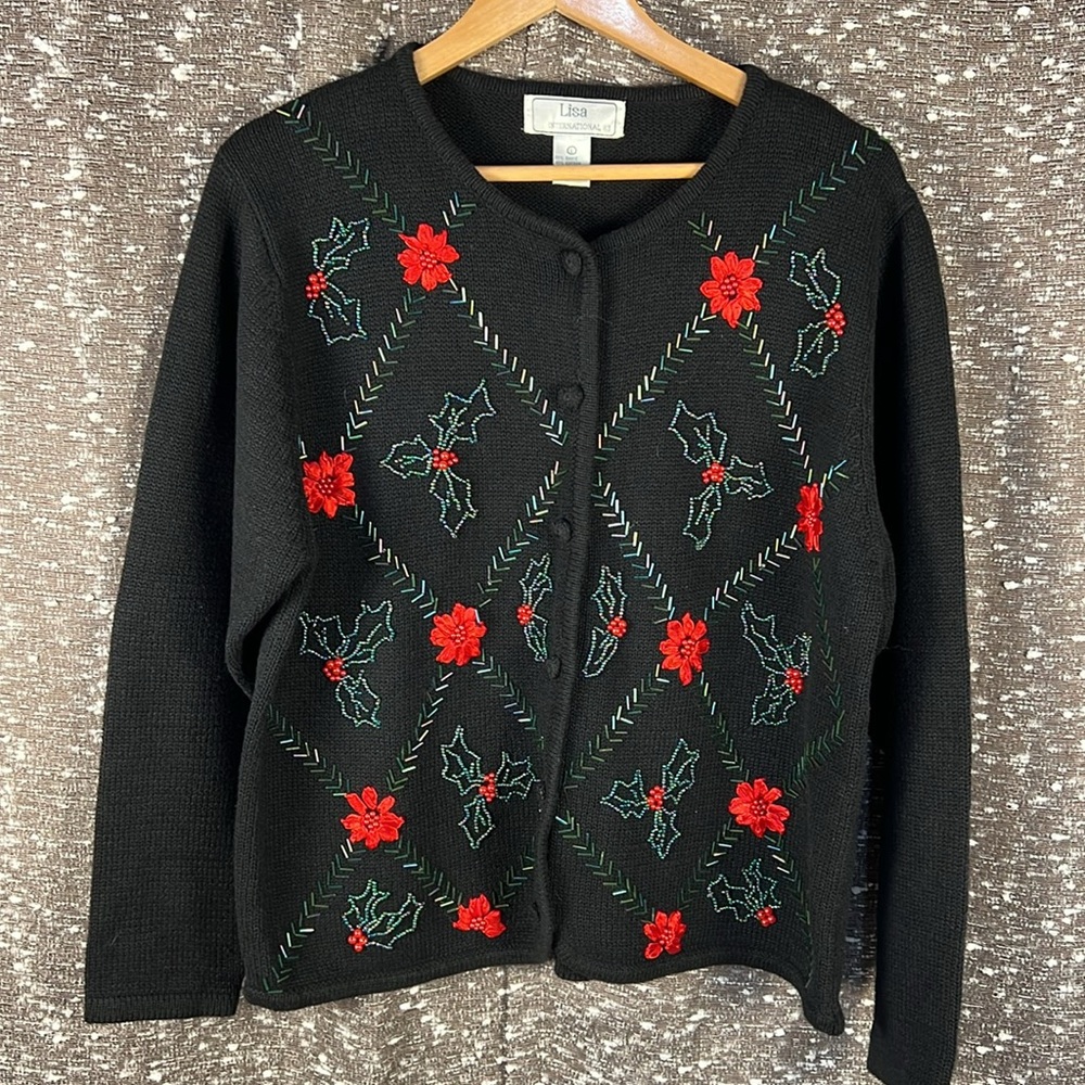 Lisa International Sz L Black‎ W/ Red Poinsettia Christmas Cardigan Sweater